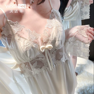 白月光少女甜美蕾丝吊裙夏季带胸垫睡裙外袍套装冰丝薄款家居服女