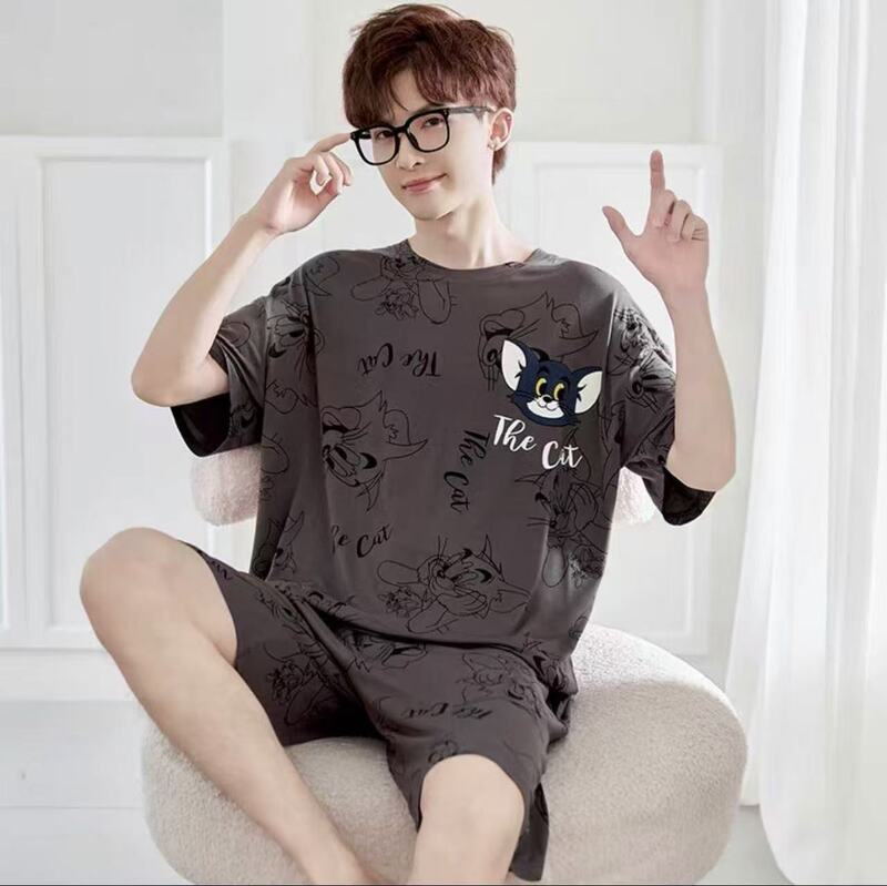 2026 Men's Summer Pajama Set: Short-sleeved, short-legged, lightweight, casual, cartoon-themed, round-neck, suitable for dorms, and can be worn as outerwear