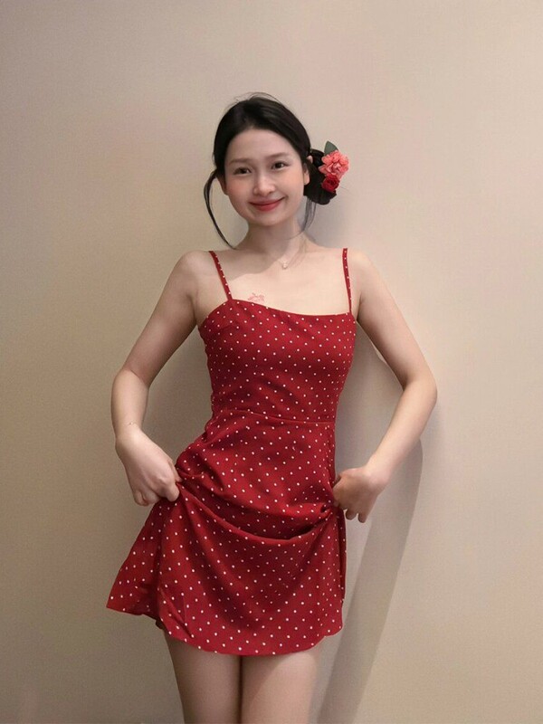 Hong Kong Style Vintage Chic Wave Dot Red Sling dress Women's Summer Slim-fit Slimming Holiday Style A- short Skirt