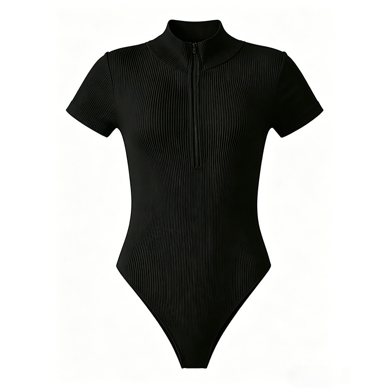 Summer Sports Ribbed Short-sleeve Zippered Jumpsuit Women, Suitable For Layering Or Outerwear,_ecoleips.com