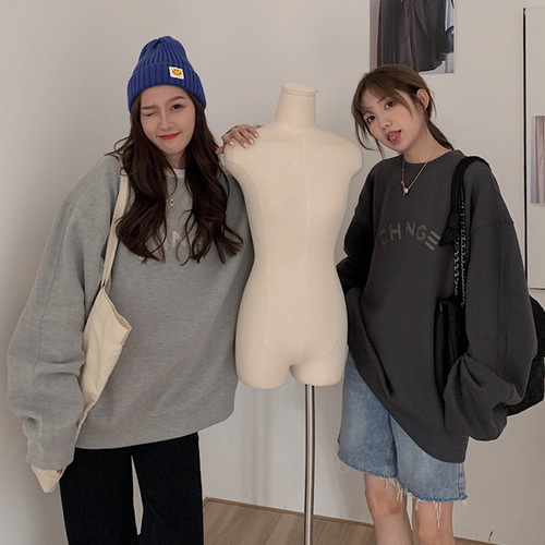 Letter print padded sweatshirt women large size Korean style Japanese new autumn winter student crew neck long sleeve top