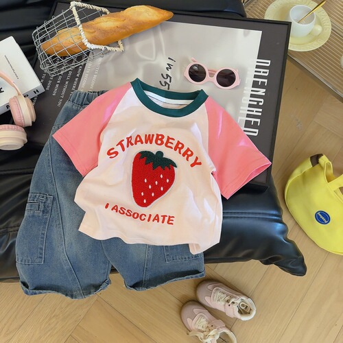 New spring and autumn baby patch color contrasting girls and children's short-sleeved T-shirt cartoon boys 'top base T-shirt top