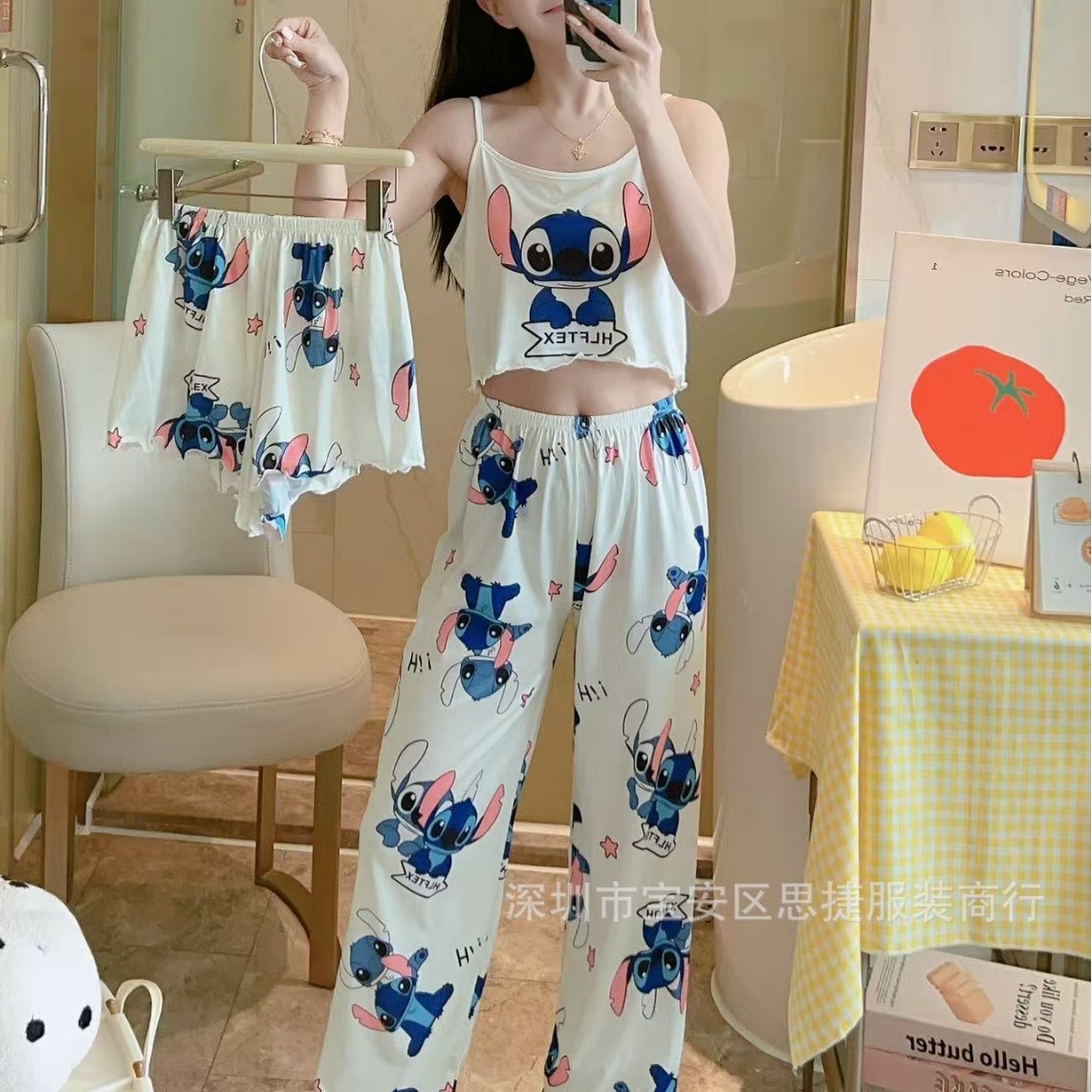 pajamas新款欧美跨境爆品睡衣女夏三件套吊带史迪仔拉布布家居服