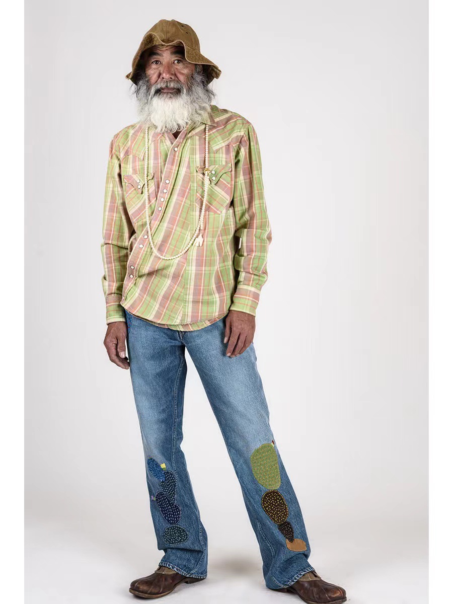 KAPITAL VINTAGE Kazuhiro Hirata ins style cactus embroidery handmade patch loose large size jeans_voghion.com