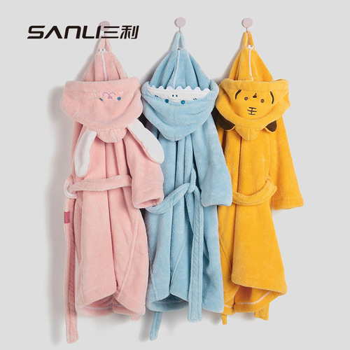 Three Lucky Children's Bath Robe Cartoon Sleepwear with Hood Coral Fleece Homecoming Dress for Boys and Girls