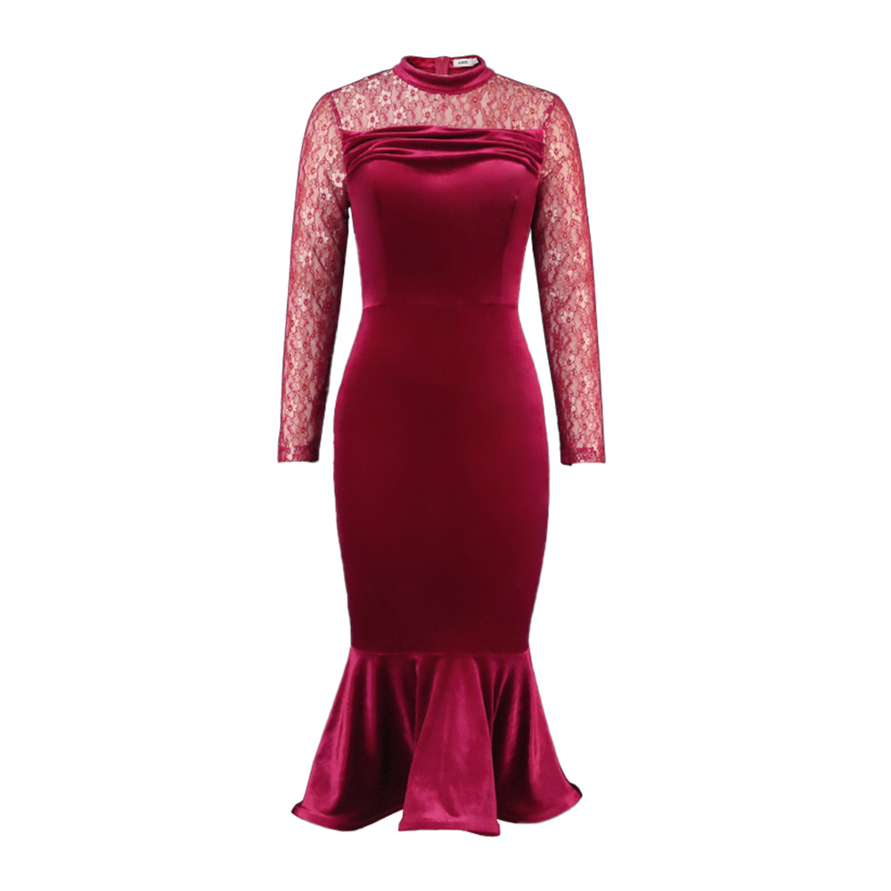 Women's Clothing lace stitching cross border plus size dress elegant high waist evening dress fishtail skirt dresses_voghion.com