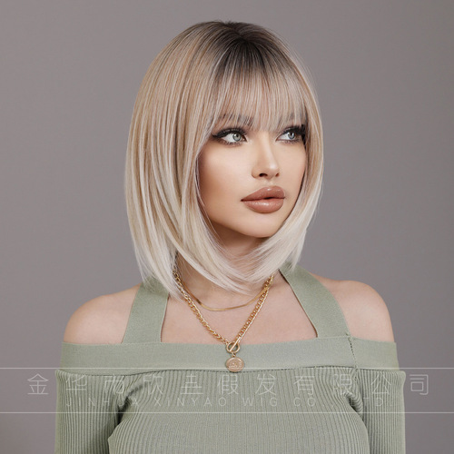 Stylish Short Fake Hair for Women's Headwear—White & Beige, Instagram & Xiaohongshu Inspired, Bobo-Style with Japanese-Style Bangs