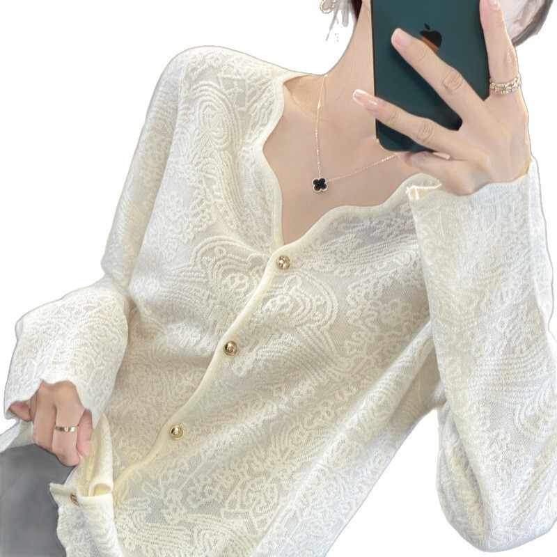 2025秋季新款潮气质小香风波浪V领蕾丝针织衫宽松长袖开衫女A7139|undefined