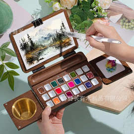 木制可折叠颜料盒调色盘多格实木绘画盒24色调色板实木颜料
