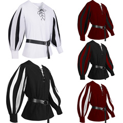 Amazon Wish: Retro European & American Medieval Play Costume – Color-Block Tie-Neck Shirt for Cosplay Tops
