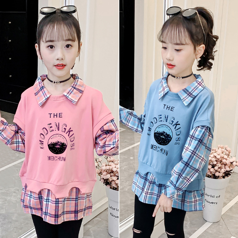 Girls' spring and autumn pullover sweatshirt 2024 new style children's fake two-piece tops spliced ​​plaid bottoming shirt
