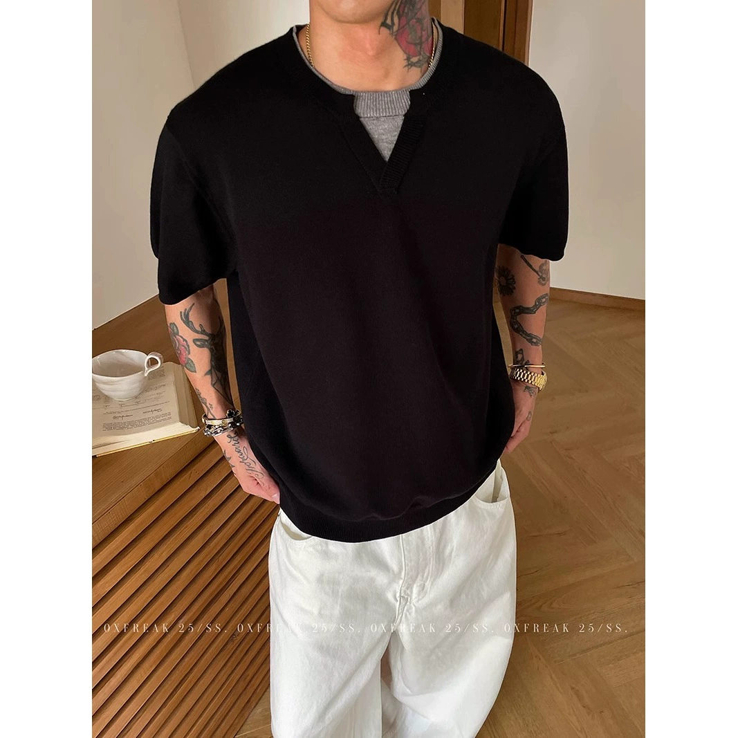 Мягкий восковой старый денежный стиль поддельные две футболки с V-образным вырезом с коротким рукавом мужской 2025 новый повседневный трязай топ