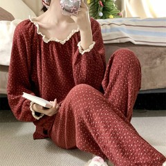 2024秋の新しい優しい怠惰な花レースの襟の家の服の長袖のゆったりしたパジャマセットの女性