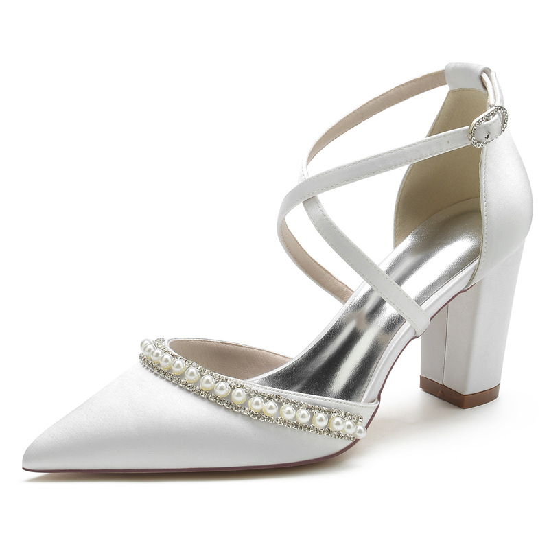 2025 Women's Thick Heel Pointed Toe Pearl Diamond Chain Wedding Shoes Bridal Shoes Bridesmaid Shoes 2014-104
