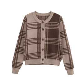 跨境欧美女装速卖通爆款时尚格子针织开衫毛衣