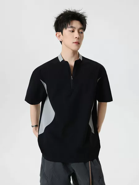 American-Style Half-Zip Color-Blocked Ice Silk Quick-Dry Short-Sleeve T-Shirt for Men, Summer Trendy Brand, Loose Fit, High Elasticity, Outdoor Cycling