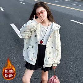 女童冬装满印卡通拉链卫衣开衫2025新款中大童韩版洋气一体绒外套