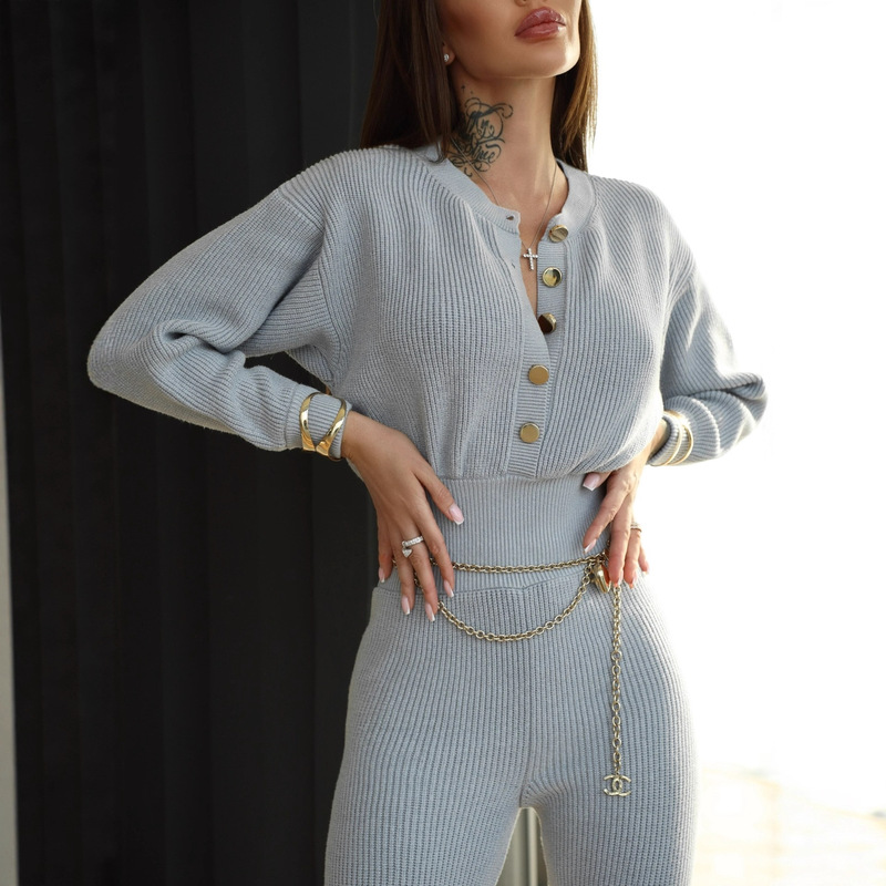 Waist Slimming Sweater Jumpsuit Autumn and Winter Single-Breasted Half-Cardigan Jumpsuit European and American Autumn and Winter Outfit Set