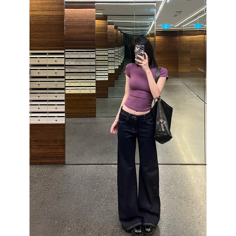 American Retro Purple Right Shoulder Short-Sleeved T-Shirt for Women Summer 2025 New Basic Slim Sexy Top 62145