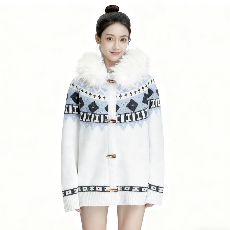 Korean Hot-Selling Cute Big Fur Collar Hooded Knitwear Women's Fair Isle Jacquard Horn Button Loose Knitwear Jacket