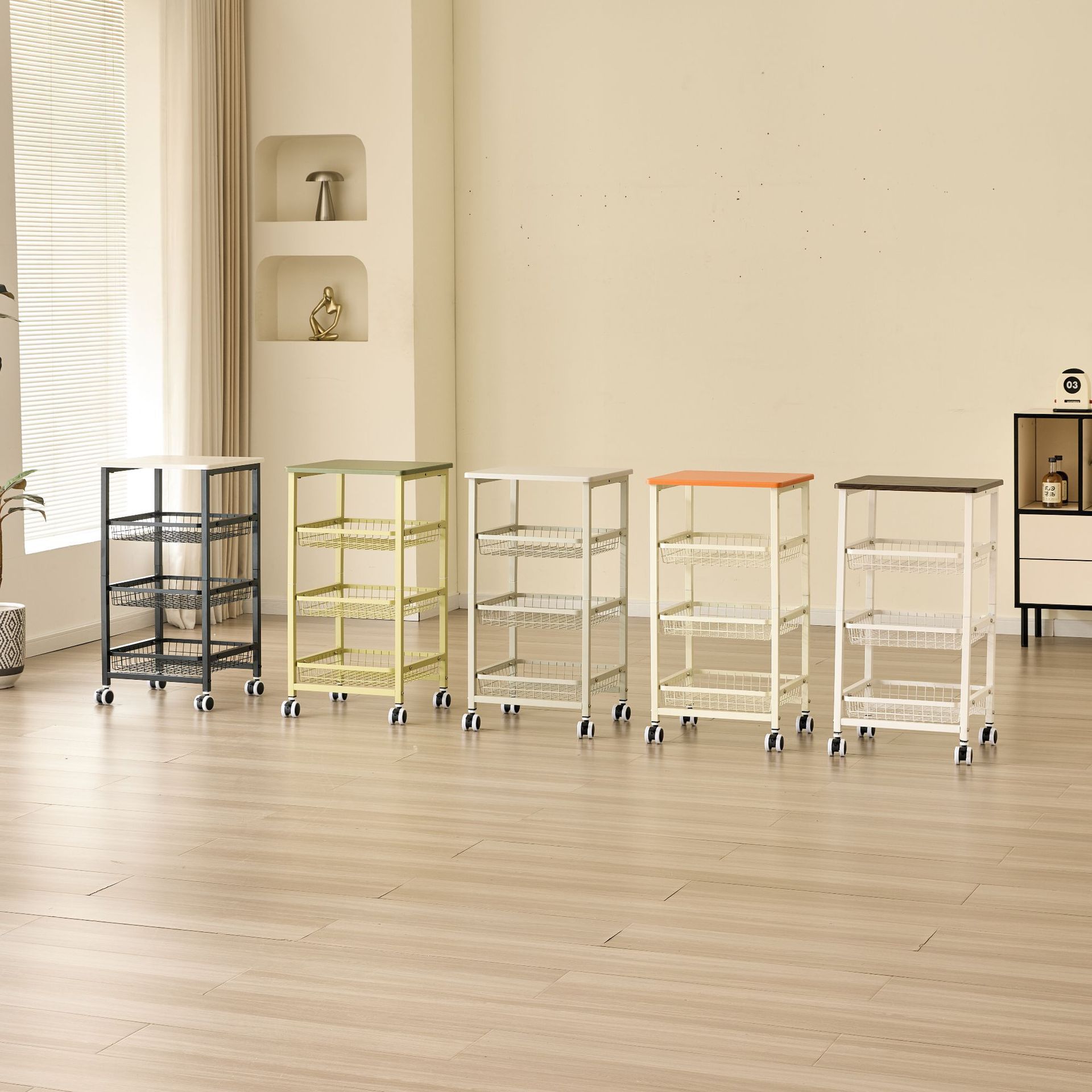 Three-Layer and Four-Layer Steel-Wood Multi-Functional Trolley Kitchen Bedroom Living Room Storage Rack Removable Floor-Standing
