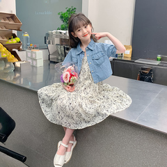 女童碎花連衣裙夏季2024新款牛仔外套女孩夏款公主裙兒童裙子套裝