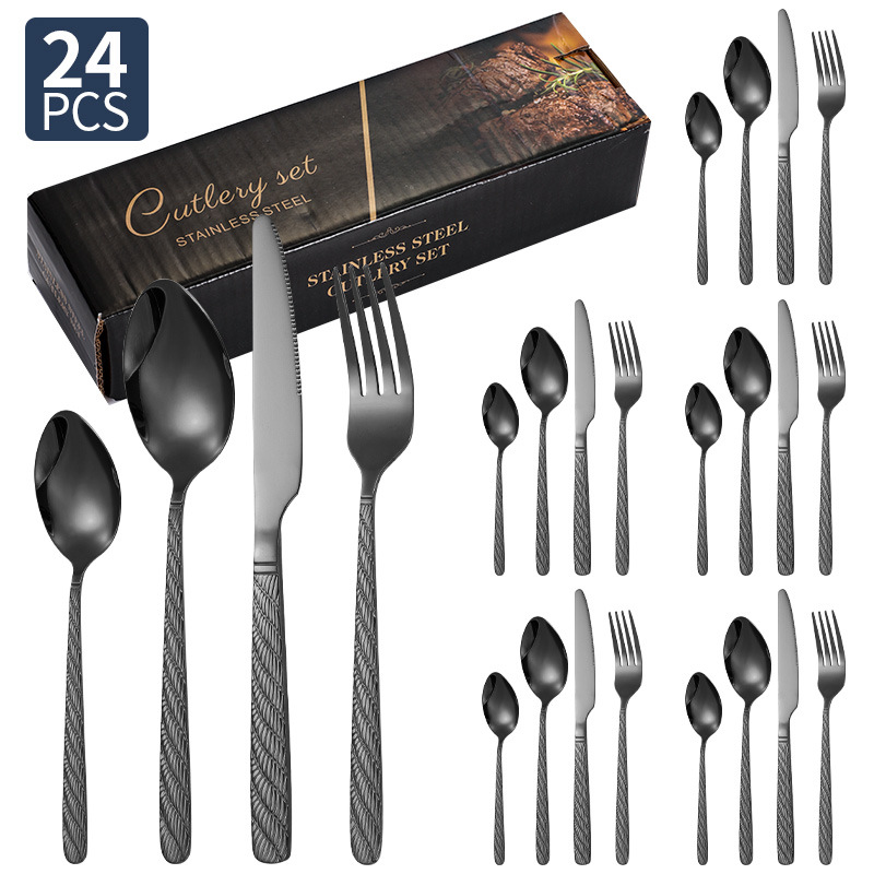 Vajilla de acero inoxidable de Amazon, bistec, cuchillo, tenedor, cuchara, cuerda de cáñamo, juego de 20/24/30 piezas, juego de cuchillo y tenedor de comida occidental de hotel