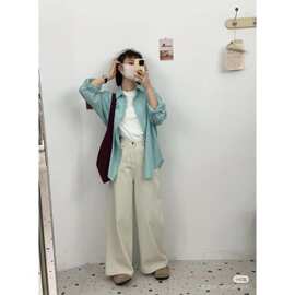 CD720 薄荷蓝绿色条纹衬衫女2025新款法式小众衬衣小外套绝美上衣
