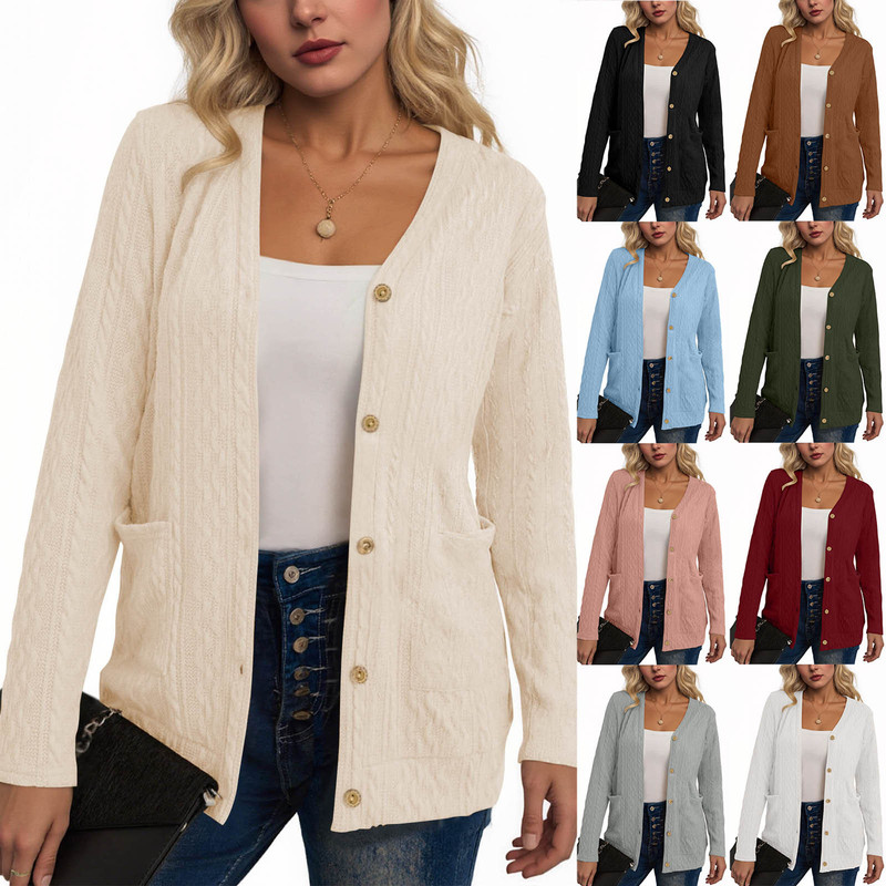 Amazon European and American Cross-Border 2025 Autumn and Winter New Jacquard Fabric Pure Color Cardigan Women's Long-Sleeved Jacket 5922