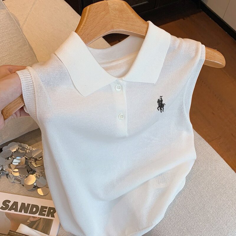 Pony embroidery old money style white polo collar sleeveless knitted vest for women, summer versatile slim-fit casual top