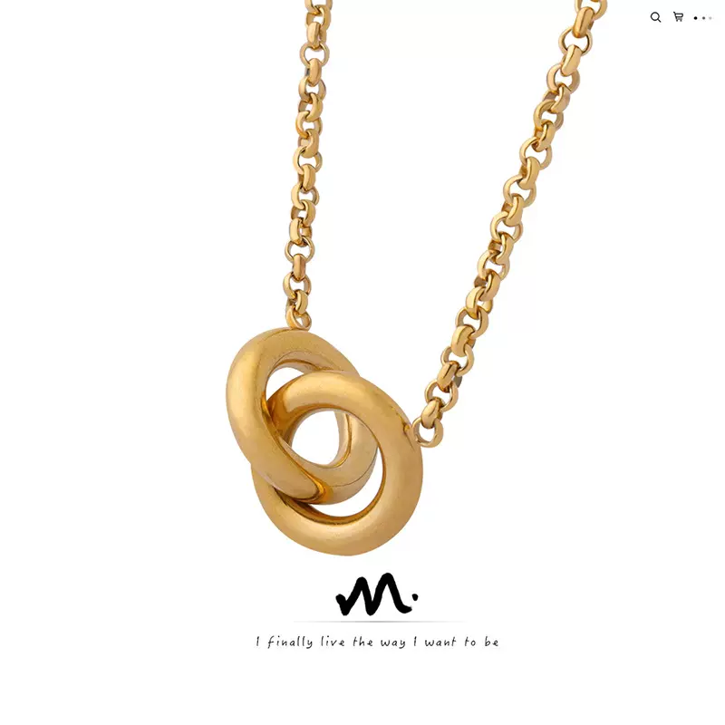 欧美跨境新款高级感轻奢个性设计圆形钛钢镀金环环相扣吊坠项链女