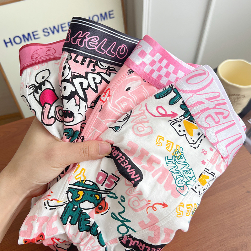 Trendy Brand Pink Men's Underwear Cotton Four-Corner Boys Cartoon Cute Fierce Men's Pink Boyfriend Bagged Cotton Shorts