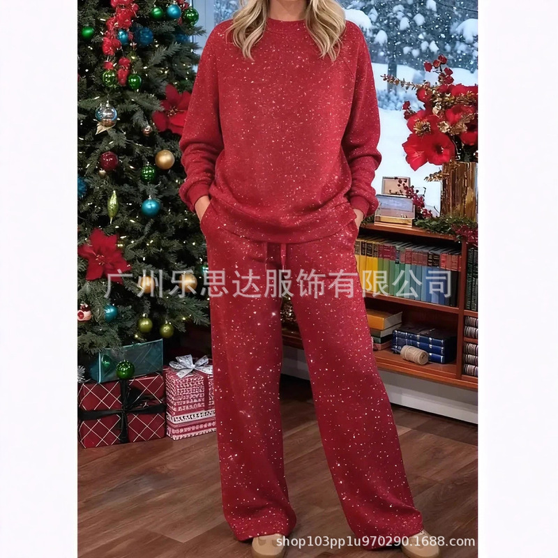 2025 Amazon Independent Station Foreign Trade Women's Clothing Holiday Shiny Round Neck Hot Diamond Flash Solid Color Sweatshirt Suit