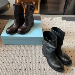 欧洲高定牛皮版复古粗跟手工褶皱中筒靴女百搭厚底堆堆靴皮带扣短