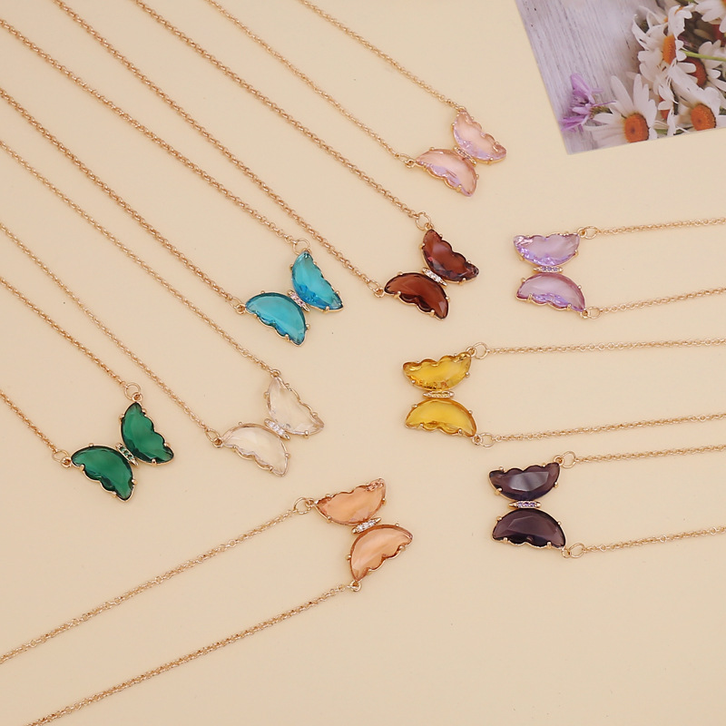 Bijou transfrontalier européen et américain : collier papillon en verre multicolore pour femme, créatif et polyvalent._voghion.com