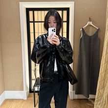 现货2025秋季新韩国东大门th*Bar*net宽松复古立领黑色皮衣外套女