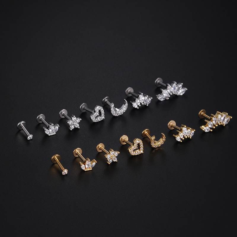 Zircon Inlay Material 1 Piece Fashion Heart Shape Stainless Steel Zircon Lip Stud