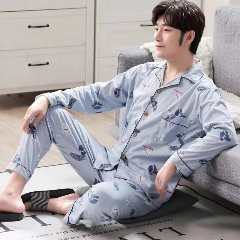 Primavera y otoño pijamas de hombres jóvenes y de mediana edad de punto cálido de algodón a cuadros coreanos prendas de vestir exteriores de moda para el hogar traje de invierno