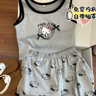 Hello Kitty, top with cups, summer pijama, thin tank top, T-shirt, cartoon shorts, cute set, lifting effect