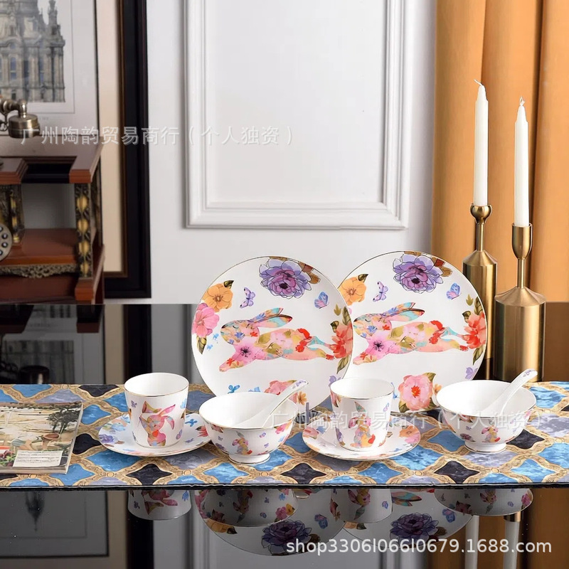 European Cute Peter Rabbit Bone China Tea Cup and Saucer Breakfast Bowl Western Dinner Plate Rice Bowl Spoon Household Tableware Creative Gift Box