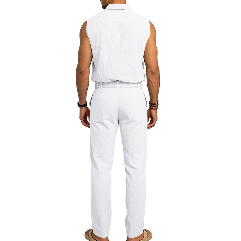 Men's Linen Blend Short Sleeve Shirt And Pants Set Breathable Casual Summer Outfit Comfortable Relaxed Fit_viptrois.com