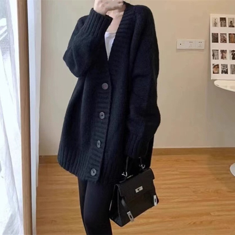 韩版大毛衣外套女秋冬加厚慵懒风中长款纯色针织开衫宽松大码外搭|undefined