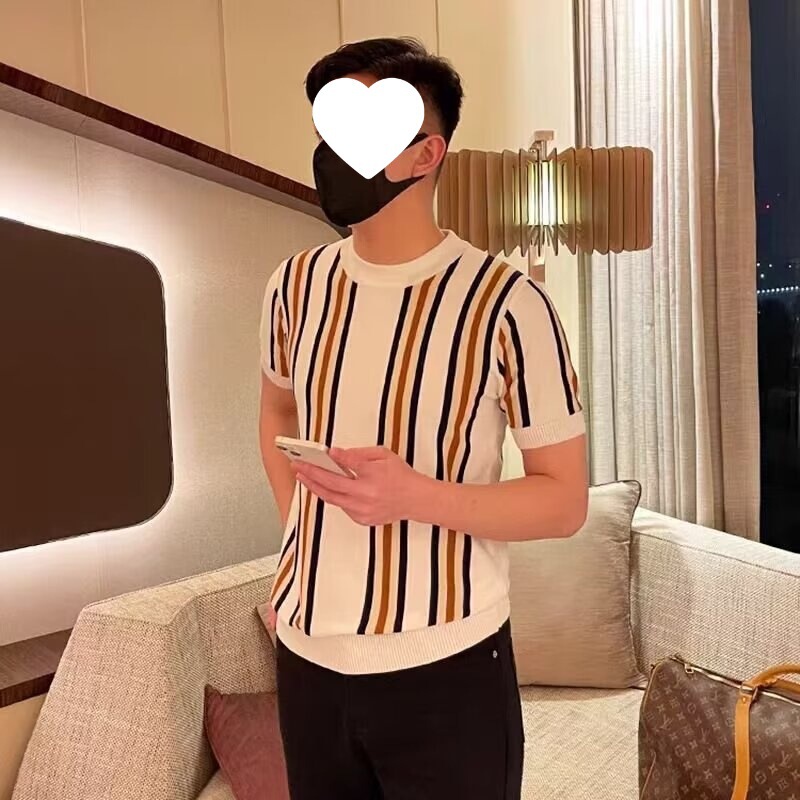 Men's Short-sleeved T-shirt Summer Simple Designer Geometric Color-matching Striped Crewneck Sweater Light Mature Style Top