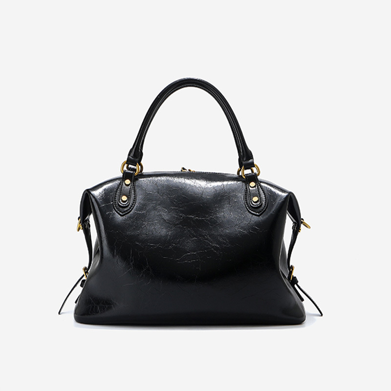 Genuine Leather Boston Bag Motorcycle Style Cowhide Bowling Bag Women's Large Capacity Tote Commuter Handbag Pillow Bag - Thumbnail 4