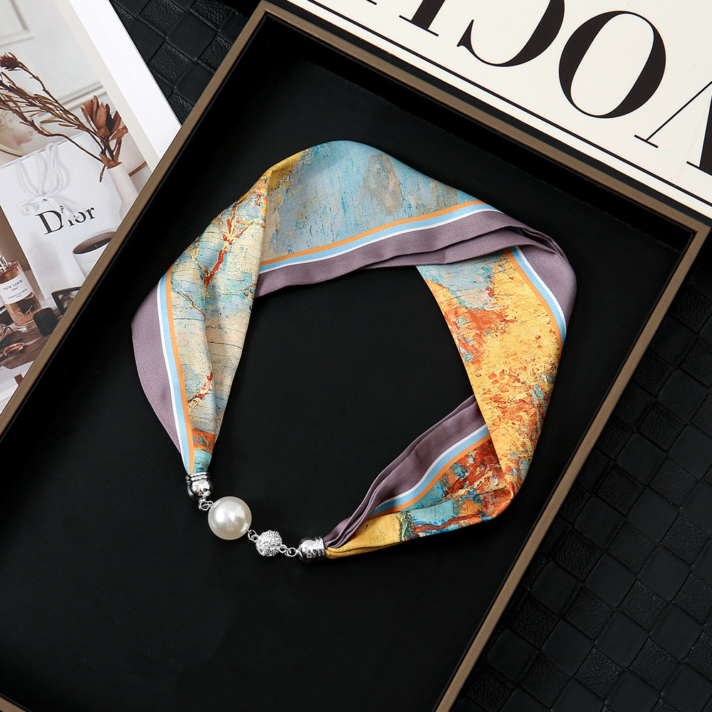 Pañuelo de seda con hebilla magnética de diamantes con incrustaciones de perlas collar mujer retro todo fósforo moda bufanda fina hebilla autocebante babero al por mayor
