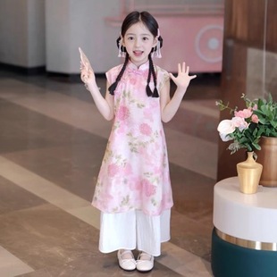 Girls Suit 2025 New Summer Improved Digital Printing Cheongsam New Chinese Style Girls Dress Pants Two-Piece Set