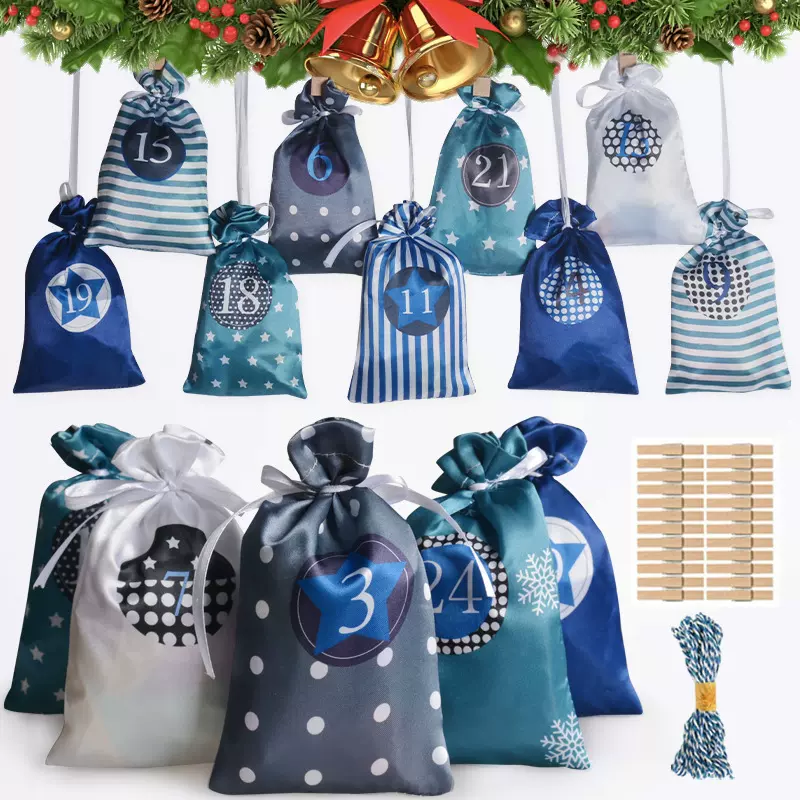 跨境新款圣诞降临日历袋色丁袋派对小布袋倒计时儿童礼品袋现货