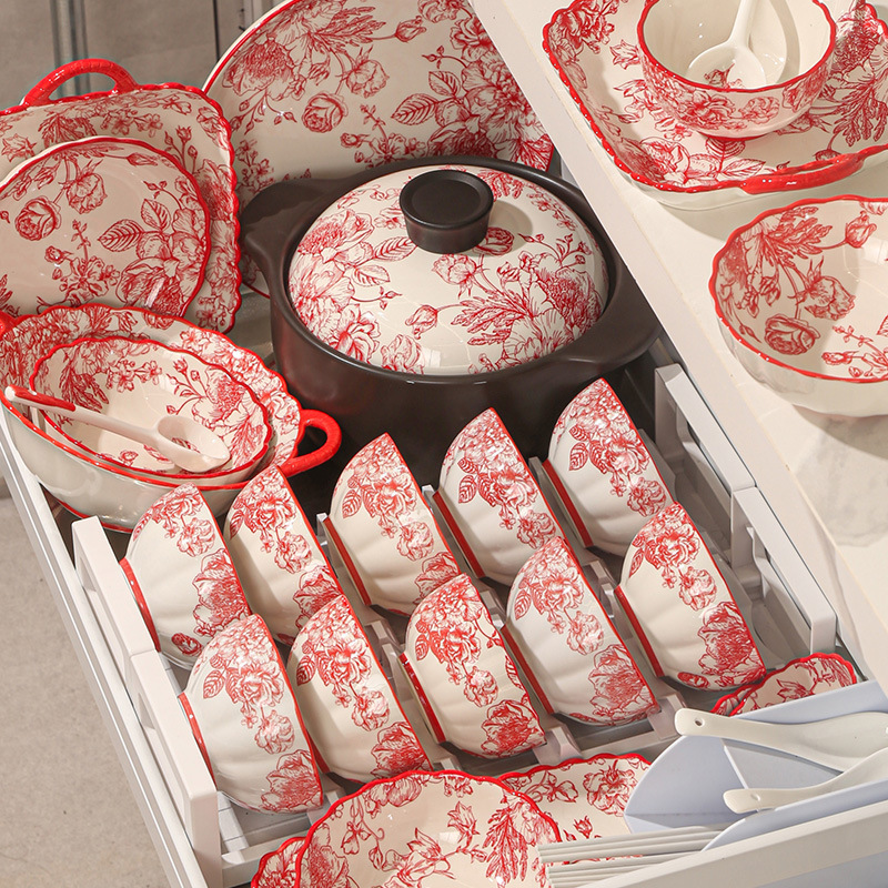 Underglaze color wedding ceramic tableware Bowl plate suit high-looking wedding gift Red festive flower gift
