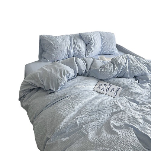 ins simple light blue waffle washed cotton bed four-piece dormitory bed sheet three-piece set summer Nantong bedding