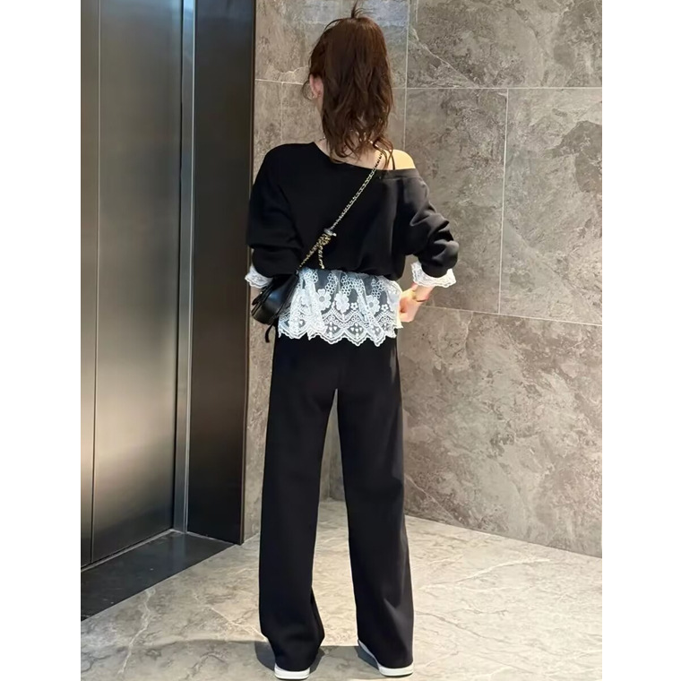 欧货减龄时尚休闲套装女春季高级感蕾丝边露肩卫衣阔腿长裤两件套|undefined
